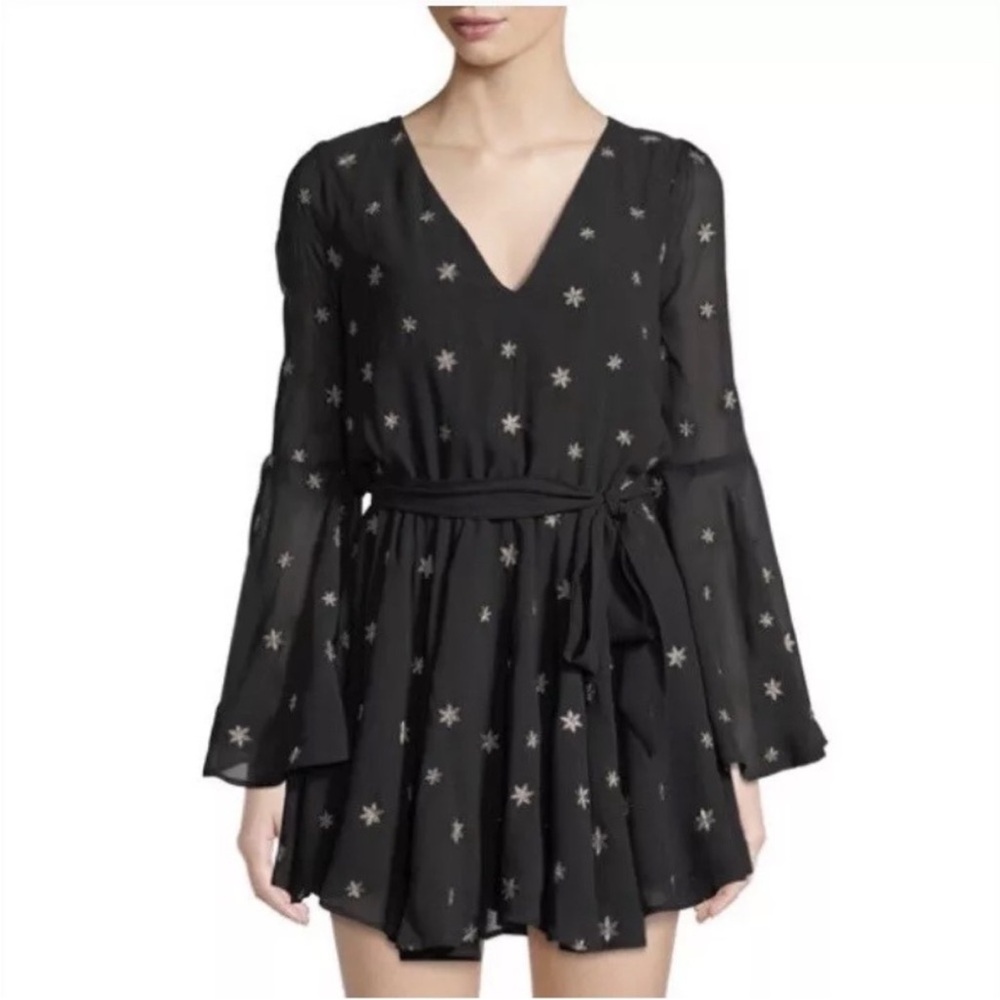 Lovers + Friends black dress gold embroidered stars flowers witch flare sleeves